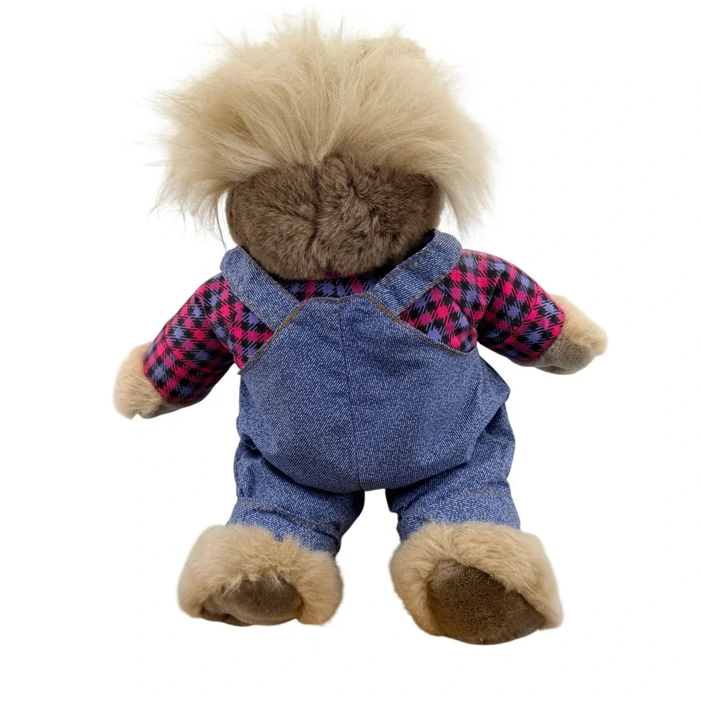 Vintage Bubba the Bear Plush 90s Collectible Denim Overalls Houndstooth Shirt